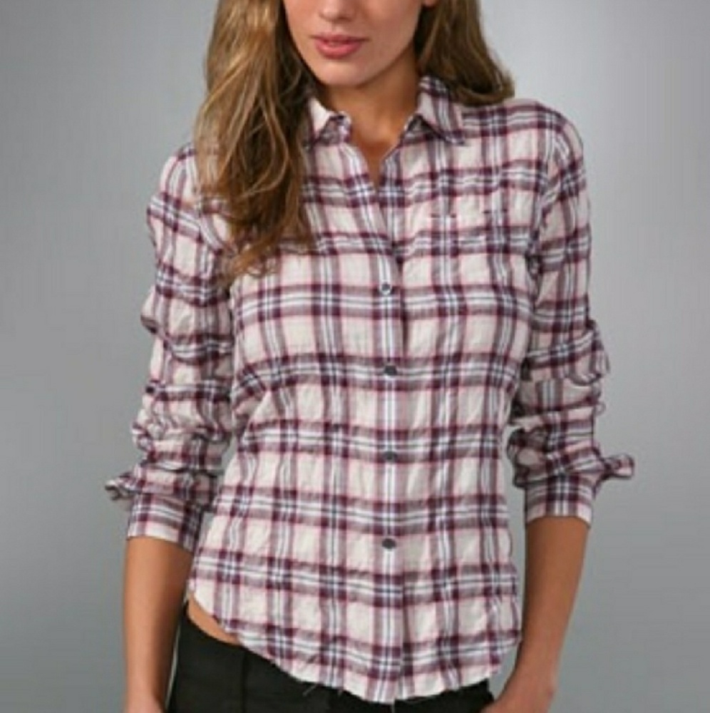 Theory Button Down Plaid Top